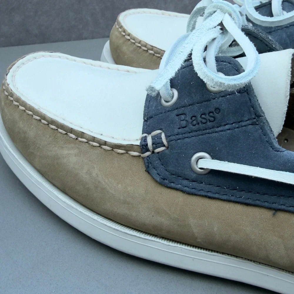 Bass Seafarer Boat Shoes 8.5M Tan Blue White Leather Mens